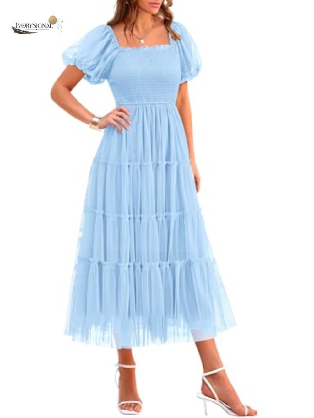 Smocked Midi Tulle Dress with Puff Sleeves Square Neck Tiered Flowy